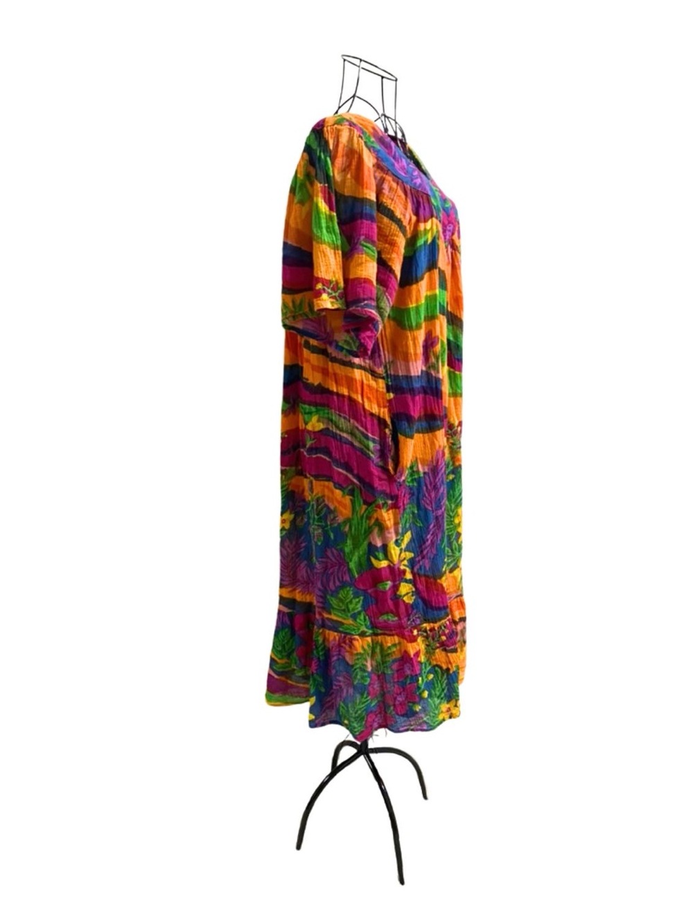 Maxi Kaftan Dress Women Large Cotton Summer Short Sleeve Orange Floral Vibrant - Picture 4 of 7